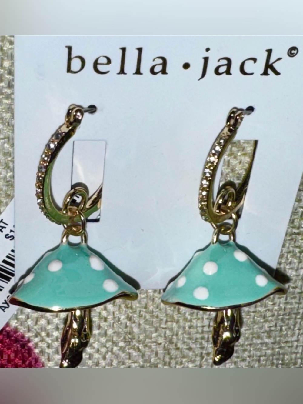 Bella Jack Mushroom Earrings NWT Polka Dots Rhinestones Enamel Gold Tone - Picture 3 of 8